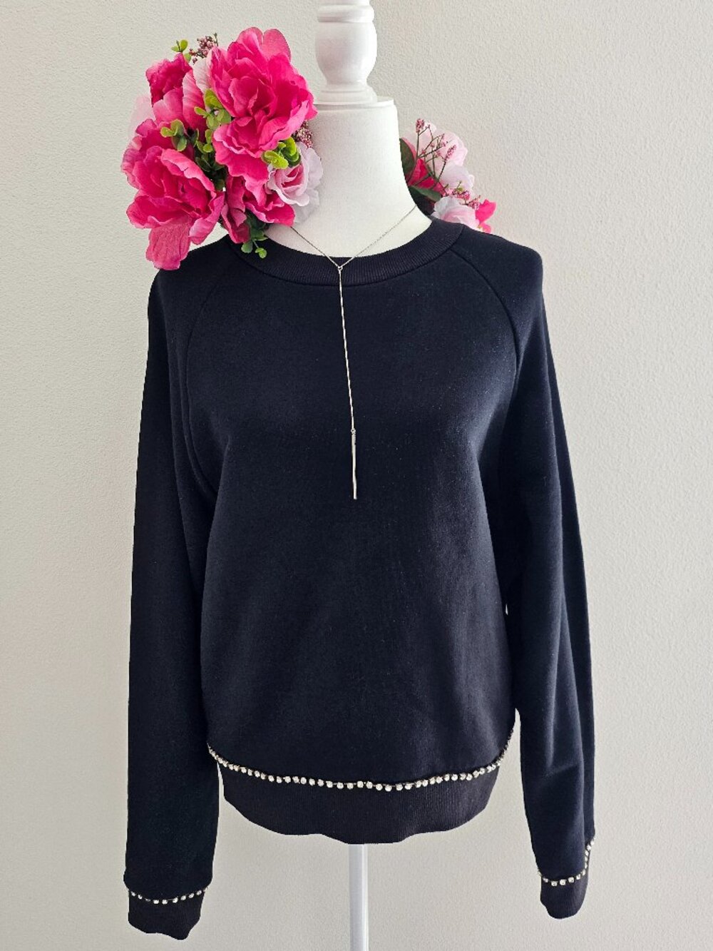 B-Sharp Black Rhinestone Trim Oversized Sweatshirt Heavyweight Pullover